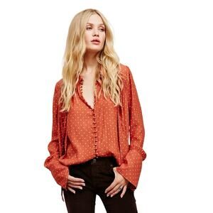Free People New World Dotted Blouse Orange Boho Flowy Top Women’s Size M Boho